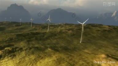 风力发电机在平原与暴风雨天气云和山日落主题风